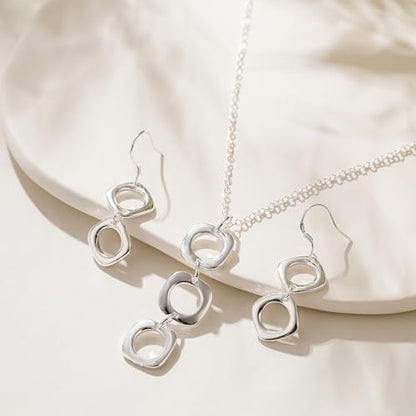3 Circles Silver Hoop Earrings Necklace Set for Women Geometric Jewelry Set | 925 Silver Hypoallergenic Small Hoop Circle Geometry Textured Finish Minimalist Style Comfortable Wear - style: 3 Hoop