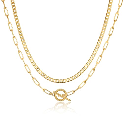 CHESKY 14K Gold Plated Layered Chain Necklace for Women | Trendy Cuban Link Chain, Chunky Paperclip Chain, Toggle Clasp Necklace, Fashion Gold Jewelry, Daily Gift for Women - style: Toggle/Paperclip-GD