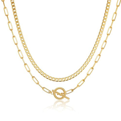 CHESKY 14K Gold Plated Layered Chain Necklace for Women | Trendy Cuban Link Chain, Chunky Paperclip Chain, Toggle Clasp Necklace, Fashion Gold Jewelry, Daily Gift for Women - style: Toggle/Paperclip-GD