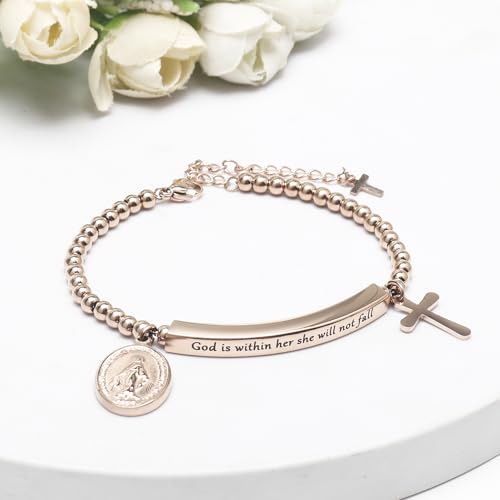 DS Inspirational Bracelet for Women Christian Engraved Bibler Verse Cross Butterfly Daisies Charm Bracelet, Exquisite Stainless Steel Jewelry Daughter Best Friend Bestie - style: God is Within Her She Will Not Fall-Rose Gold