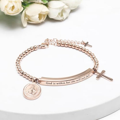 DS Inspirational Bracelet for Women Christian Engraved Bibler Verse Cross Butterfly Daisies Charm Bracelet, Exquisite Stainless Steel Jewelry Daughter Best Friend Bestie - style: God is Within Her She Will Not Fall-Rose Gold