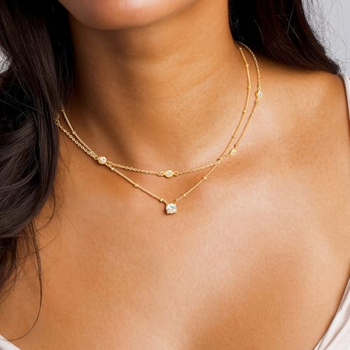 Yoosteel Layered 14K-Gold-Plated Necklace for Women,CZ Necklaces Stack | Dainty Cubic Zirconia Pendant Necklace,Simple Chain Choker Stackable,Trendy Jewelry,Wedding Bridesmaid Gifts - color: 01-Layered Round CZ