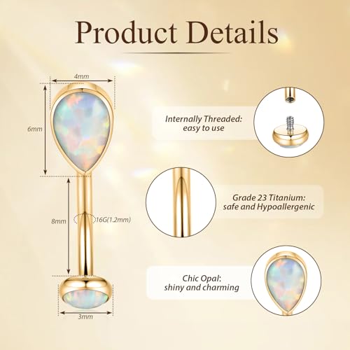 PEAKLINK G23 Titanium Eyebrow Ring 16G Rook Daith Tragus Helix Piercing Internal Threaded Curved Barbell Vertical Labret Lip Jewelry Small Belly Button Ring - color: Gold with White Opal