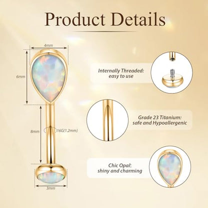 PEAKLINK G23 Titanium Eyebrow Ring 16G Rook Daith Tragus Helix Piercing Internal Threaded Curved Barbell Vertical Labret Lip Jewelry Small Belly Button Ring - color: Gold with White Opal