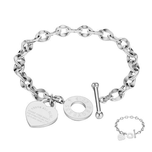 Heart Charm Bracelet Plated 18K Gold/Silver/Rose Gold Bible Scripture Heart Bracelet for Women Jewelry Gift Zircon Her Link Chain OT Clasp Stainless Steel Birthday - color: Silver, size: 8.1 inch