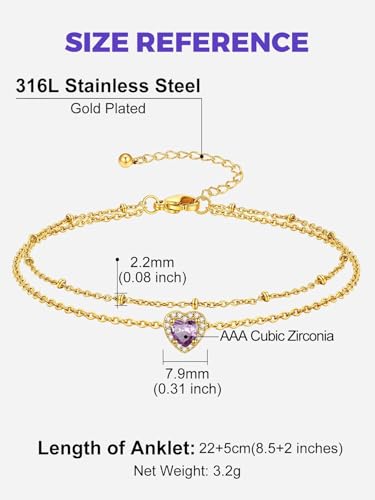 Richsteel Double Layer Heart/Butterfly Birthstone Anklet for Women | Non Tarnish Waterproof, Silver/Gold/Black Stainless Steel 8.5-10.5 Inch Adjustable Chain Anklets Summer Beach Foot Jewelry - color: Gold Heart-06 Jun.(Alexandrite)