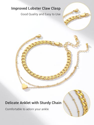 PROSTEEL Trendy Handcuffs Design/Customize Words Ankle Bracelet For Women, 316L Stainless Steel Anklets Silver/Gold/Black Tone, Hypoallergenic, Come with Box - style: 05.2 Layered-Cuban&Heart-Gold