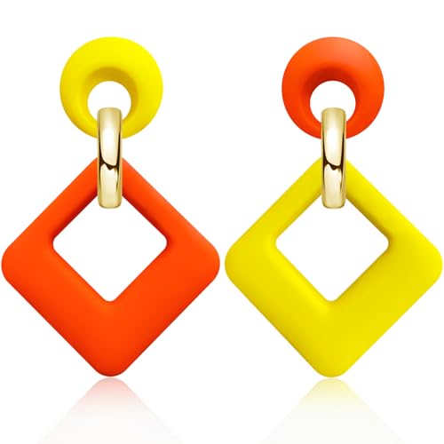 70s 80s Vintage Resin Neon Square Dangle Drop Earrings Simplicity Acrylic Hollow Round Circle Geometry Stud Earrings for Women - style: Yellow Orange