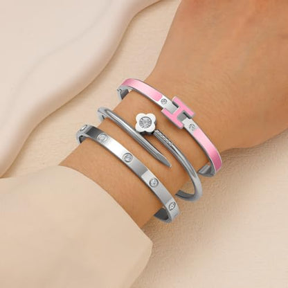 3Pcs Gold Bracelets for Women 14K Gold Plated Love/H/Nail Bangle Bracelet Dainty Non Tarnish Bracelet Jewelry Christmas Mothers Day Gifts for Women - color: 3Pcs Silver/Pink H bracelet