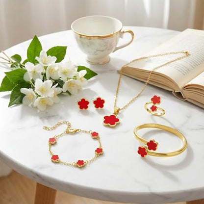Clover Jewelry Set for Women Non Tarnish Gold-Tone Five Leaf Clover Necklace, Earrings, Ring, Bracelet Fashion Simple Floral Jewelry Set - color: Red