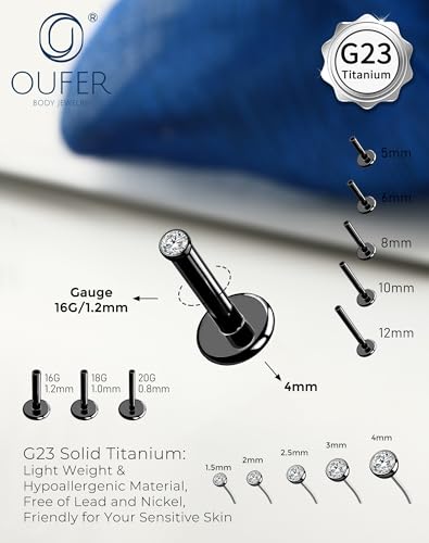 OUFER 2Pcs 20G/18G/16G G23 Titanium Threadless Nose Stud Earrings Flat Back Tiny CZ Small Nose Helix Cartilage Tragus Conch Labret Medusa Monroe Piercing Jewelry for Women Men - color: Black, size: 2pcs, 16g 6mm, 1.5mm cz