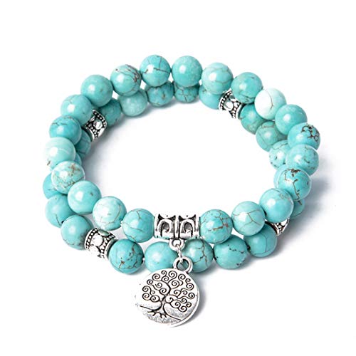 YGLINE Tree of Life Yoga Healing Stone Bracelets,Multilayer Lotus Chakra Stone Reiki Bracelet Sets,Anxiety Crystal Natural Stone,for Women Stress Relief - color: Turquoise-2w