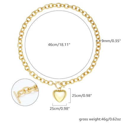 Chunky Gold Necklace for Women, 18K Waterproof Heart Necklace Statement Necklace Gold Charm Necklace Chunky Jewelry Paperclip Chain Choker Gift for Women - style: Bubble Heart