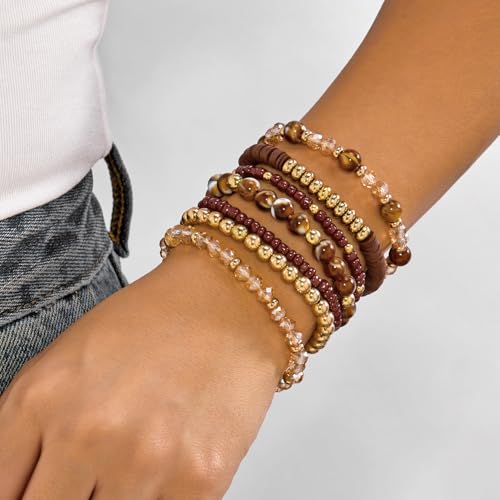 FORUBUS 7Pcs Bohemian Multilayer Stackable Beaded Bracelets Set for Women, Crystal Glass Gold CCB Beads Stretch Bracelet Pack, Summer Beach Boho Jewelry Vacation Gifts - color: Brown