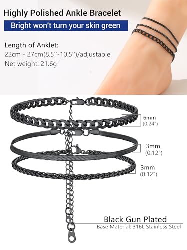 PROSTEEL Trendy Handcuffs Design/Customize Words Ankle Bracelet For Women, 316L Stainless Steel Anklets Silver/Gold/Black Tone, Hypoallergenic, Come with Box - style: 04.3 Layered-Cuban-Black