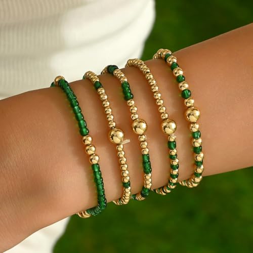 LOTSOF Bohemia Multilayer Beaded Bracelet Set, Turquoise Resin Colorful Surfer Heishi Style Elastic Spring Clasp Friendship Elastic Wristbands Summer Beach Boho Vacation Jewelry - color: Green