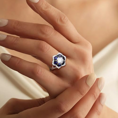 Flower Cocktail Ring for Women Stone Engagement Anniversary Rings | Sterling Silve|Hypoallergenic|Ruby|Sapphire|Emerald|Wedding and Birthday Party Women Statement Ring|Mother and Grandma Gift - color: Sapphire (Sep.)