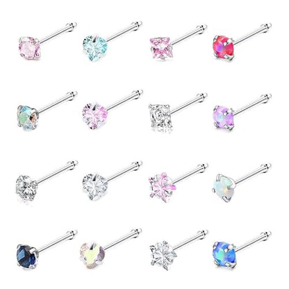 SEEDRILL Nose Rings Studs for Women 16Pcs 20G/18G Nose Studs Hypoallergenic 316L Surgical Steel Nose Piercings Jewelry 3mm CZ & Opal Nose Ring L Shape Nose Stud 20 Gauge Nose Screw Studs - style: 20G/Straight Shape/Colorful CZ