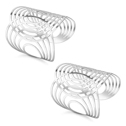2Pcs Cuff Bangle Bracelet for Women Open Wide Bangle Bracelet Set | minimalist statement bangle bracelets，wrist cuff wrap bracelet adjustable，open wide wire grooved hammered bracelet set - color: 2PCS-Sliver-G