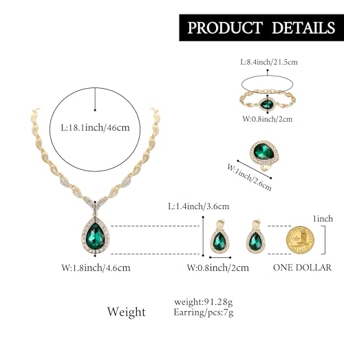 Womens Africa 18k Gold Plated Jewelry Set Crystal Rhinestones Petals Teardrop Cluster Bib Statement Necklace Link Bracelet Dangle Earrings Ring for Prom - color: 02-Emerald Color Gold-Plated-Base