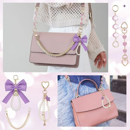 Sureio 5 Pcs Bag Extender Chain Pearl Purse Chain Ribbon Bow Keychain Extender Bag Strap Purse Charms Accessories for Handbag - color: Purple and Gold