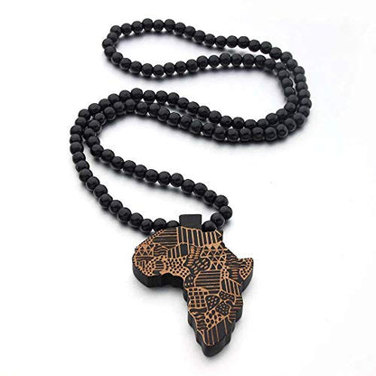 COLORFUL BLING Multicolor 8MM Wooden Bead Chain African Hip-hop Africa Map Pendant Necklace for Men Boys Natural Wood Jewelry - color: style2 brown black
