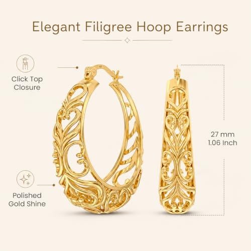 LeCalla 925 Sterling Silver Chunky Hoop Earrings | Filigree Heart Hoop Earrings for Women | Oval & Round Mesh Filigree Click-Top Hoops Earring | Hypoallergenic Earrings for Women - color: Yellow Gold Round Filigree 27MM