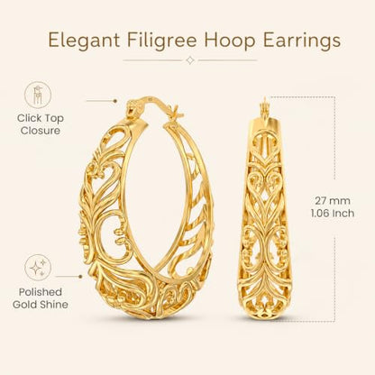 LeCalla 925 Sterling Silver Chunky Hoop Earrings | Filigree Heart Hoop Earrings for Women | Oval & Round Mesh Filigree Click-Top Hoops Earring | Hypoallergenic Earrings for Women - color: Yellow Gold Round Filigree 27MM