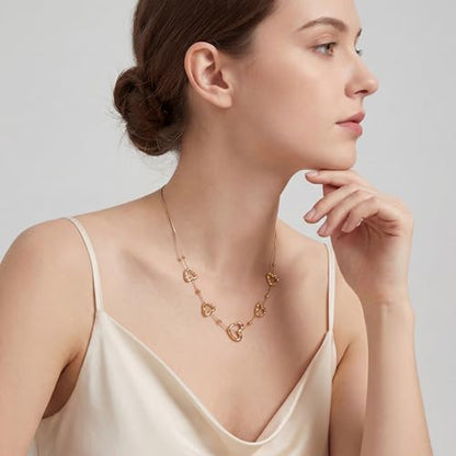 18K Gold Plated Open Heart Layered Necklace for Women, Dainty Multi Heart Pendant Y-Necklace, Minimalist Boho Jewelry