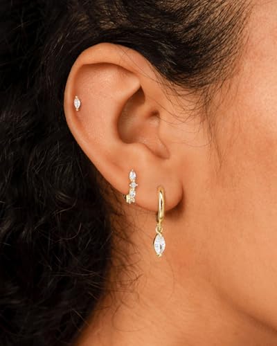3 Pairs Earring Stacks, Gold Earring Set Jewelry Gift for Women | Small, 14K Gold/White Gold/Black/Rose Gold Plated, Hypoallergenic, Her, Everday, Stackable, Simple, 3 Holes - color: Gold-Marquise