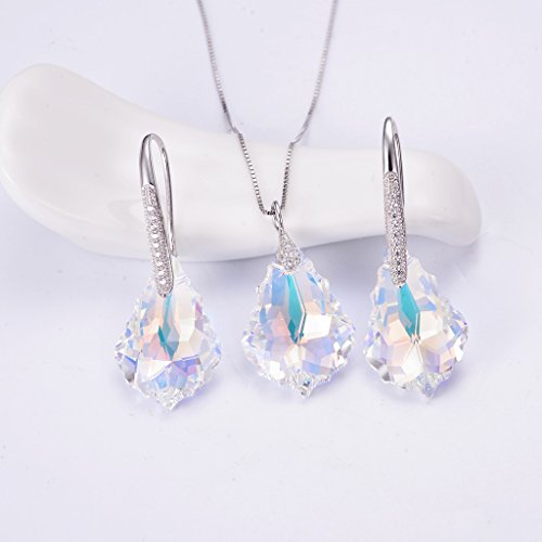 EleQueen 925 Sterling Silver CZ Baroque Drop Pendant Necklace Dangle Earrings Set Made with Austrian Crystal, Valentine's Day/Mother's Day/Christmas Jewelry Gift - color: Iridescent Aurora Borealis