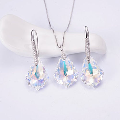 EleQueen 925 Sterling Silver CZ Baroque Drop Pendant Necklace Dangle Earrings Set Made with Austrian Crystal, Valentine's Day/Mother's Day/Christmas Jewelry Gift - color: Iridescent Aurora Borealis