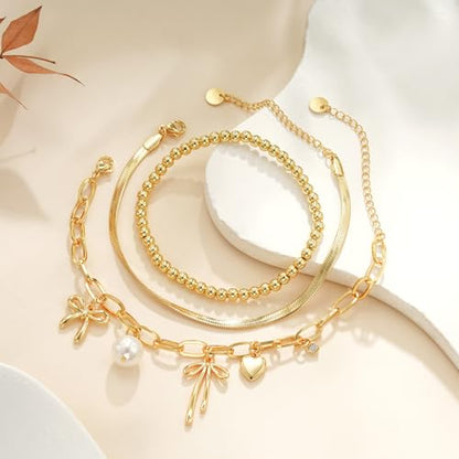 3PCS Charm Gold Bracelets for Women Non Tarnish,14k Plated Gold Bracelet Stack Cute Dainty Stackable Trendy Bow Cross Clover Bracelets Set Tarnish Free Gold Jewelry for Women Gifts - color: Pearl Bow-Gold