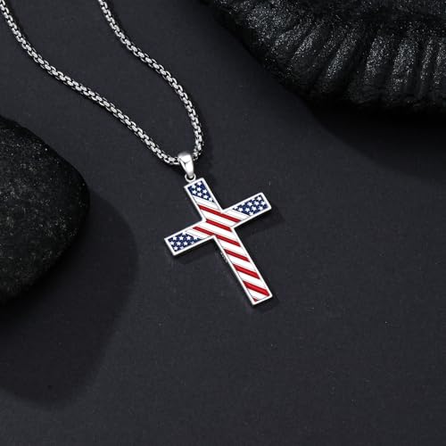 Cross Necklace for Men Women 925 Sterling Silver Cross Pendant Necklace Christian Religious Jewelry Gifts for Anniversary - color: 14-American Flag Cross