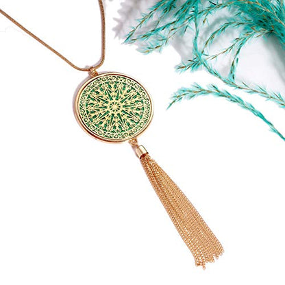 MOLOCH Long Necklaces For Woman Disk Circle Pendant Necklaces Tassel Fringe Necklace Set Statement Pendant - color: disk--gold-green