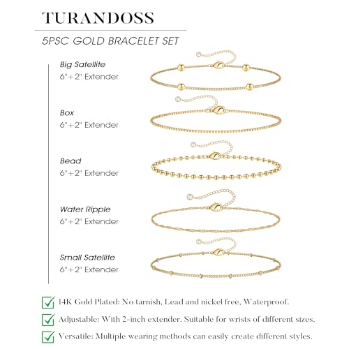 Gold Bracelet for Women, Waterproof Jewelry,5PCS | 14K Gold Plated Bracelets Stacks Non-Tarnish, Lightweight & Comfy, Trendy Adjustable Dainty Links, Women’s Jewelry Gift - color: 5 pcs Big Satellite+Box+Bead+Twist+Small Satellite