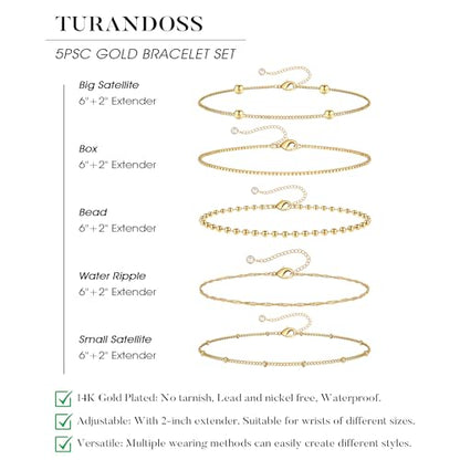Gold Bracelet for Women, Waterproof Jewelry,5PCS | 14K Gold Plated Bracelets Stacks Non-Tarnish, Lightweight & Comfy, Trendy Adjustable Dainty Links, Women’s Jewelry Gift - color: 5 pcs Big Satellite+Box+Bead+Twist+Small Satellite