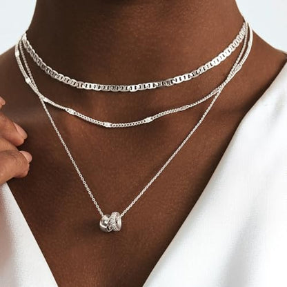 Airmb Gold Layered Necklaces for Women 14k Gold Plated Dainty Stackable Choker Necklaces for Women Trendy Layering Chain Cute Pendant Necklace Set Gold Jewelry for Women - color: 3PS-Two Rondelle-Silver