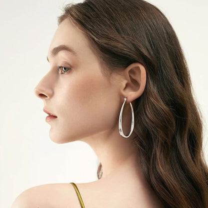 Gacimy Chunky Hoop Earrings for Women, 14K Gold Plated Oval Hoop Earrings with 925 Sterling Silver Post - color: Silver, size: 50mm