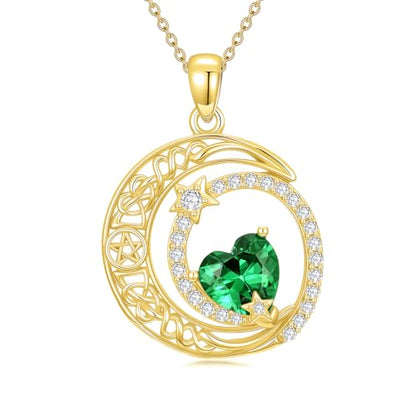 Midari 18K Yellow Gold Sun Moon Star Pendant Rose Flower Necklaces I Love You Forever Sun Moon Jewelry Gift for Mother Women - color: 05-May-Emerald, style: Moon&Star