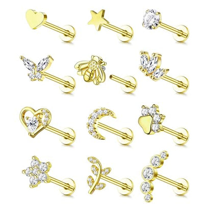 YADOCA 16G 18G Helix Flat Back Tragus Piercing Jewelry Earrings for Women | Hypoallergenic Surgical Steel Cartilage Earrings Daith Conch Medusa Nose Piercing Jewelry Gold Stud Earrings Set 6 7 8 10 MM - color: Gold, size: 18G(1.0MM)-8MM-New
