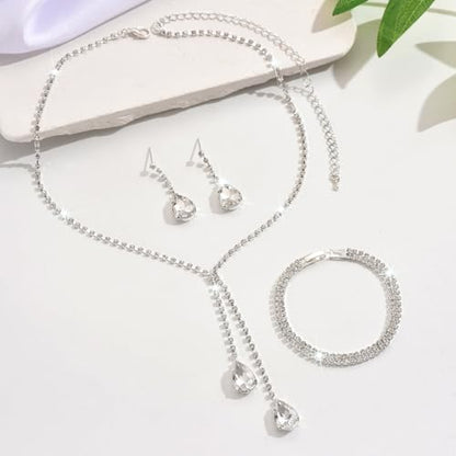 MIFYNN Rhinestone Wedding Set for Women Sparkle Crystal Earrings Necklace Bracelet Jewelry Set Wedding Party Prom Jewelry Set for Brides Bridesmaid - color: Silver3