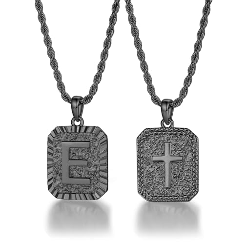 ASUWISH Gold Initial Necklaces for Men and Women, 18K Gold Plated Letter A-Z Cross Pendant with Adjustable Rope Chain, Letter Necklace for Women and Men - color: E, style: Black