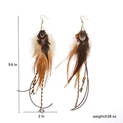 Natural Feather Earrings Bohemian Long for Women Handmade Feather Jewelry Tassel Dangle