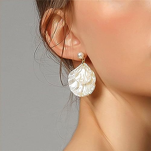 Seashell Pearl Stud Earrings for Women Ocean Sea Theme Sweet Double Layer Acrylic Shell Lightweight Dangle Drop Earrings for Summer Beach Holiday Halloween Party Jewelry Accessories - color: Shell white