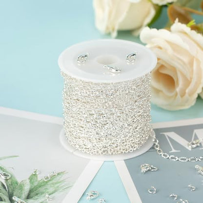 UMAOKANG 32.8 Feet Silver Jewelry Chain for Jewelry Making Silver Plated Brass Chain Roll Women Necklace Bracelet DIY Embossed Oval Cable Chain - color: Silver Embossed Oval