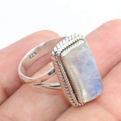 Solid 925 Sterling Silver Ring For Women, Gemstone Ring, Silver Statement Ring, June Birthstone, Bezel Set Rectangle White Gemstone Hypoallergenic Art Deco Ring Christmas Gift