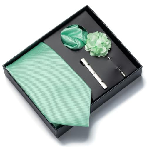 joy alice 30 Colors Solid Ties for Man Pure Color Men's Tie Set with Lapel Pin Pocket Square Tie Clip - color: Mint