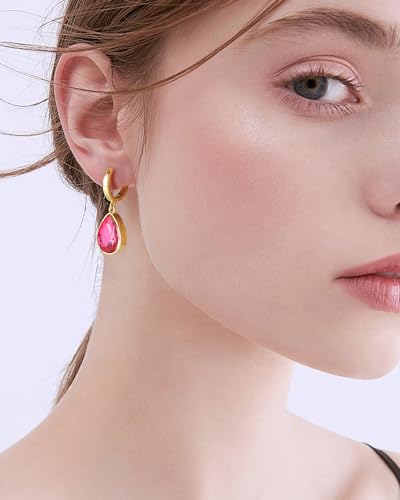 Crystals Teardrop Dangle Drop Earrings, 18K Gold Plated Hoop Earrings Zirconia Jewelry for Women Gifts - color: Rose Red