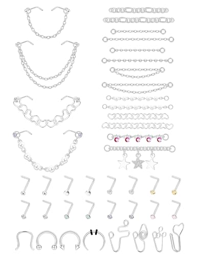 Stainless Steel Nose Rings Chain Horseshoe Nose Ring Body Piercing Jewelry | African Star Heart Studs Horseshoe Nose Cuff Septum Chain Body Piercing Jewelry Set for Women Men, Silver - color: Silver